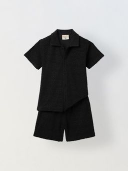 Spunkies - Black Cotton Jacquard Shirt With Shorts