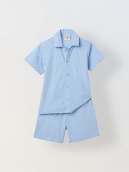 Spunkies - Blue Cotton Jacquard Shirt With Shorts