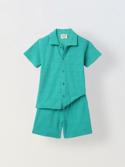 Spunkies - Green Cotton Jacquard Shirt With Shorts
