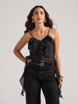 Twenty Dresses by Nykaa Fashion - Black Strappy Ruffled Hem Side Drapes Top