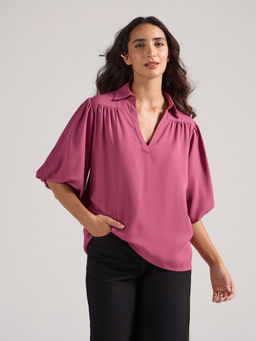 Twenty Dresses by Nykaa Fashion - Pink Collared Neck Puff Sleeves Top