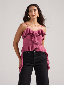 Twenty Dresses by Nykaa Fashion - Pink Strappy Asymmetrical Hem Ruffled Top