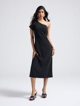Twenty Dresses by Nykaa Fashion - Black One Shoulder Sheath Midi Dress