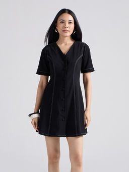 Twenty Dresses by Nykaa Fashion - Black V Neck Short Sleeves Princess Cut Mini Dress