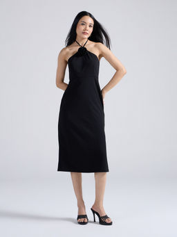 Twenty Dresses by Nykaa Fashion - Black Halter Neck Bow Detail Fitted Midi Dress