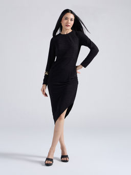 Twenty Dresses by Nykaa Fashion - Black Textured Full Sleeves Asymmetrical Hem Midi Dress