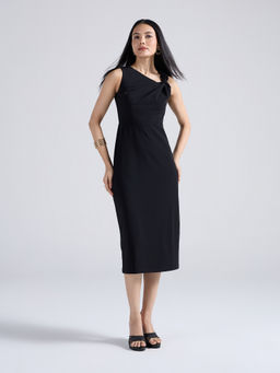 Twenty Dresses by Nykaa Fashion - Black Asymmetrical Knotted Neck Fitted Midi Dress