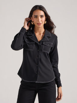 Twenty Dresses by Nykaa Fashion - Black Collared Full Sleeves Shirt with Flap Pockets