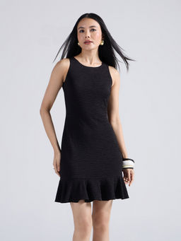 Twenty Dresses by Nykaa Fashion - Black Textured Round Neck Fit and Flare Mini Dress
