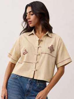 The Souled Store - Koi Drift Cropped Embroidered Women Cropped Shirt