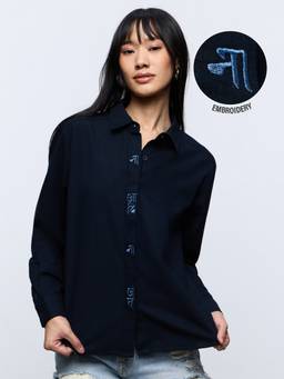 The Souled Store - Trident Embroidered Cotton Linen Women Relaxed Shirt