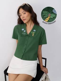 The Souled Store - Palm Beadwork Cotton Linen Women Holiday Shirt