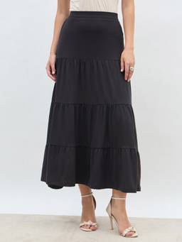 Styli - Women Black Solid Knitted Tiered Maxi Skirt With Elasticated Waistband