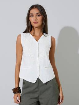 Styli - Women Off White Embroidered V-Neck Sleeveless Regular Fit Top