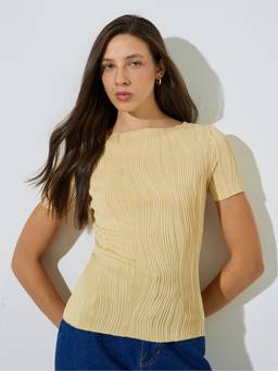 Styli - Women Yellow Textured Boat Neck Short Sleeves Fitted Regular Top