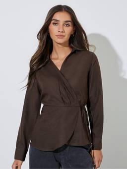 Styli - Women Brown Solid Collared Regular Fit Wrap Top With Tie-Up Waist