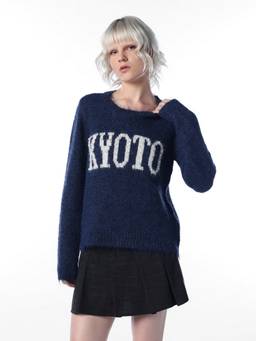 ONLY - Women Typographic Regular Fit Blue Sweater