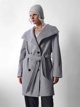 ONLY - Women Solid Relaxed Fit Grey Coat With Belt