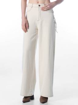 ONLY - Women Solid Wide Leg High Rise White Jeans