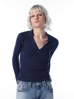 ONLY - Women Solid Regular Fit Navy Blue Polo T-Shirt