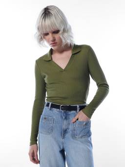 ONLY - Women Solid Regular Fit Olive Polo T-Shirt