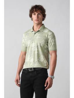 Peter England - Men Olive Printed Collar Neck Polo T-Shirt
