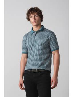 Peter England - Men Blue Printed Collar Neck Polo T-Shirt
