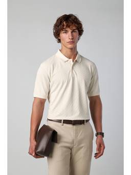 Peter England - Men Off White Printed Collar Neck Polo T-Shirt