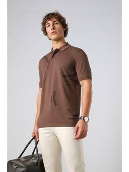 Peter England - Men Chocolate Printed Collar Neck Polo T-Shirt
