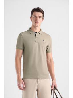 Van Heusen - Men Beige Solid Collar Neck Polo T-Shirt