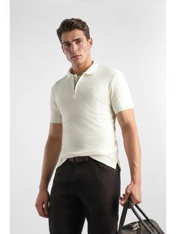 Van Heusen - Men Cream Striped Collar Neck Polo T-Shirt