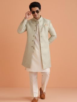 KISAH - Men's Cream Jacquard Kurta with Sherwani & Trouser