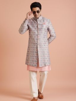 KISAH - Men's Grey Printed Kurta with Sherwani & Trouser