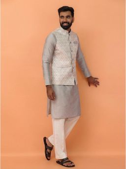 KISAH - Men's Grey Silk Blend Self Design Kurta with Nehru Jacket & Straight Leg Trouser