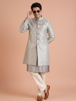 KISAH - Men's Grey Jacquard Kurta with Sherwani & Trouser