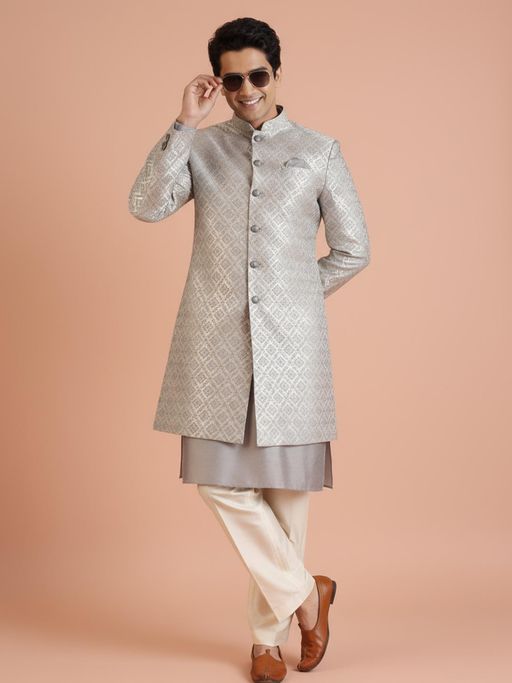 KISAH Men's Grey Jacquard Kurta with Sherwani & Trouser