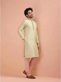 KISAH - Men's Beige Silk Blend Embroidered Kurta with Churidar