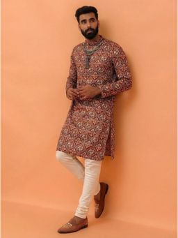 KISAH - Men's Rust Cotton Blend Printed Kurta with Churidar