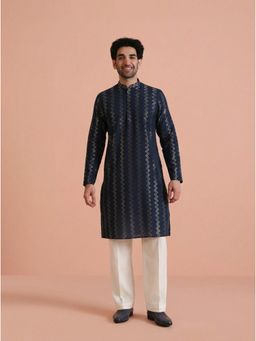 KISAH - Men's Navy Blue Cotton Blend Embroidered Kurta with Straight Leg Trouser