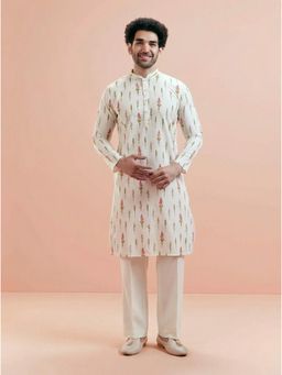 KISAH - Men's Cream Cotton Blend Printed Kurta with Straight Leg Trouser