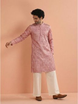 KISAH - Men's Pink Silk Blend Embroidered Kurta with Straight Leg Trouser