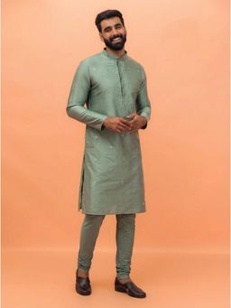 KISAH - Men's Sage Green Silk Blend Mirror Work Kurta with Churidar