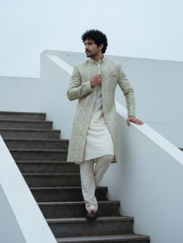 KISAH - Men's Green Jacquard Kurta Front Open Kurta with Sherwani & Trouser