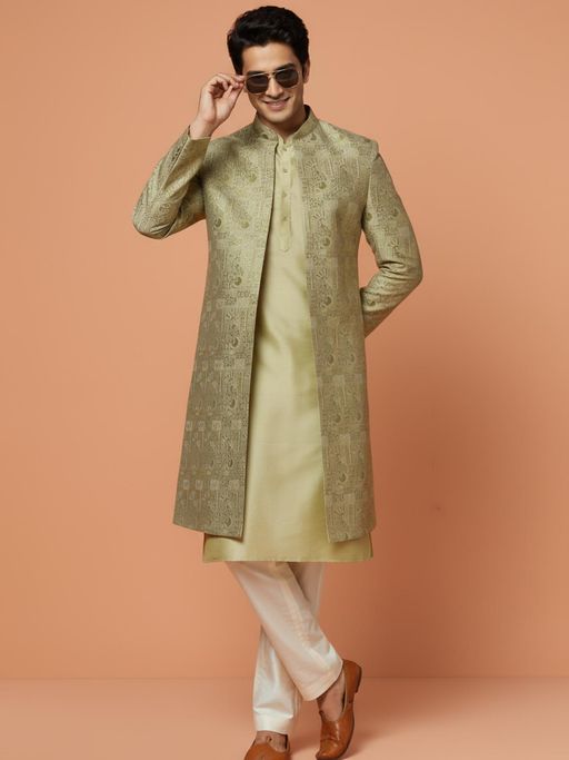 KISAH Men's Green Jacquard Kurta Front Open Kurta with Sherwani & Trouser