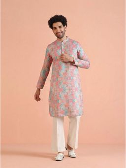 KISAH - Men's Multi-Color Art Silk Printed Kurta with Straight Leg Trouser