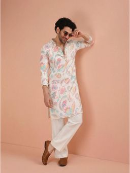 KISAH - Men's White Cotton Blend Printed Kurta with Straight Leg Trouser