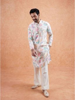 KISAH - Men's White Cotton Blend Printed Kurta with Straight Leg Trouser
