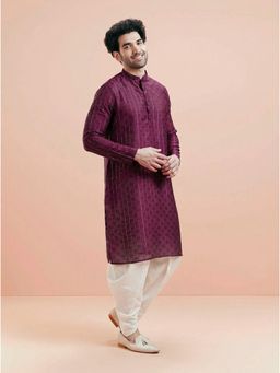 KISAH - Men's Maroon Silk Blend Checks Kurta with Dhoti