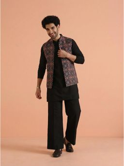 KISAH - Men's Multi-Color Cotton Blend Printed Kurta with Nehru Jacket & Straight Leg Trouser