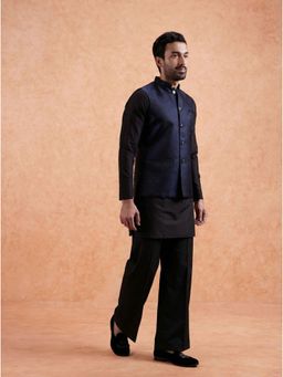 KISAH - Men's Navy Blue Silk Blend Self Design Mid Kurta with Nehru Jacket & Straight Leg Trouser